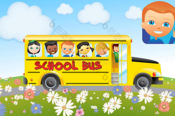 带孩子的校车-黄色巴士（男孩和女孩）