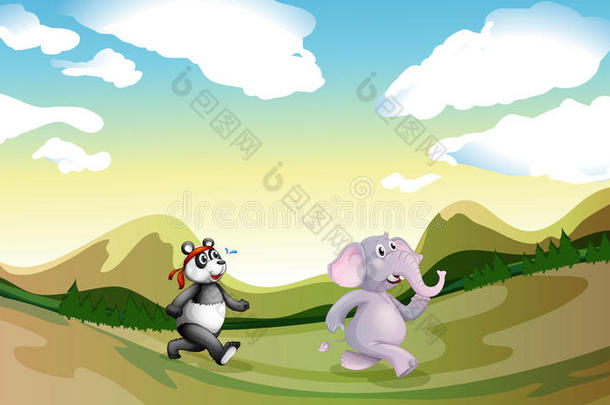 一只熊猫和一只大象在山上散步