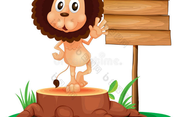 一只狮子在一个木制招牌旁的树干上