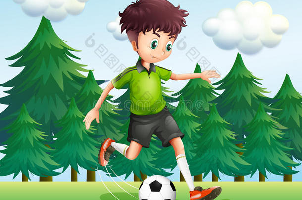 在松树附近踢足球的男孩