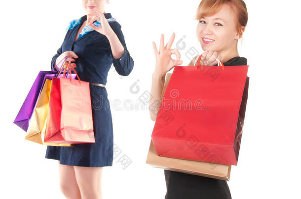 两个<strong>拎</strong>着购物<strong>袋</strong>的优雅女人的画像