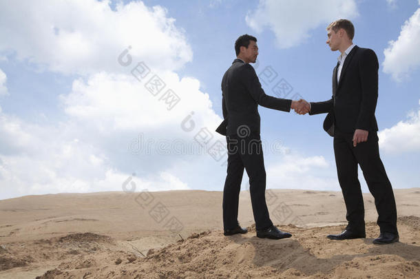 两个年轻的商人在沙漠中握手，<strong>全程</strong>
