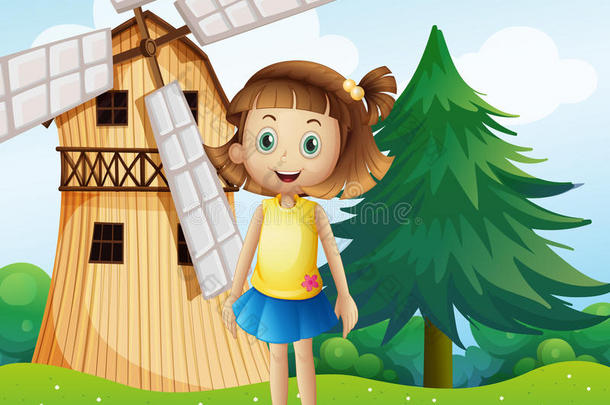 农舍附近有风车的小女孩