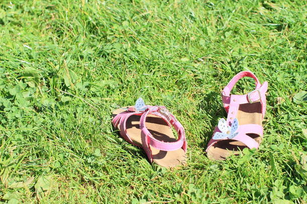草地上的粉红色凉鞋