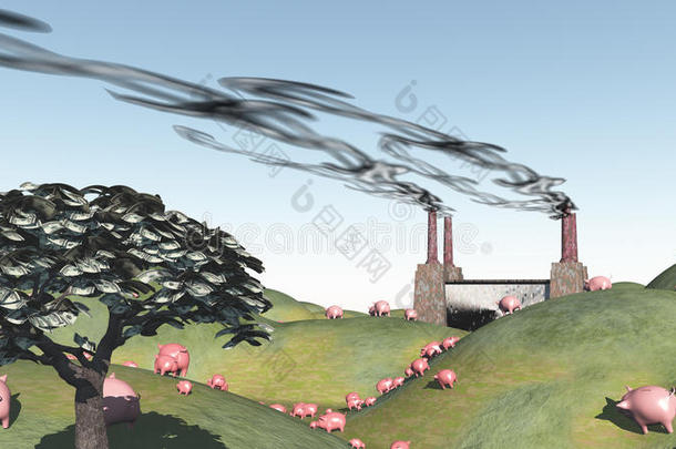 工厂和猪的超现实景观