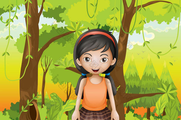 森林里一个可爱的女孩<strong>和</strong>一个<strong>橘色</strong>的沙多