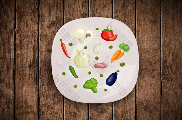 有手绘图标、符号、蔬菜和水果的彩色盘子