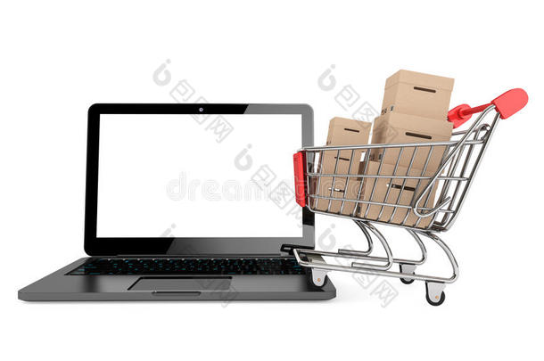 网上购物概念。手提电脑上有盒子的购物车