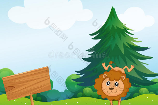 小狮子在山上用木头做招牌