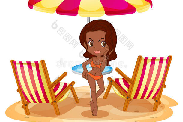 沙滩上一位棕<strong>褐色</strong>的女士，在沙滩上，雨伞和椅子旁边