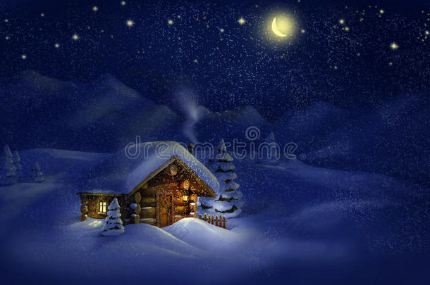 圣诞<strong>夜</strong>景观-小屋，<strong>雪</strong>，松树，月亮和<strong>星星</strong>