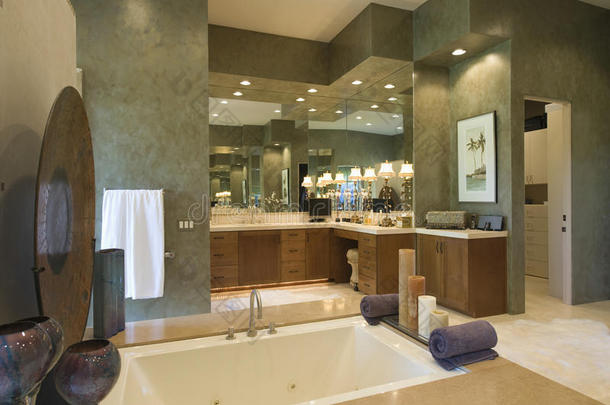 浴室有橱柜和镜子的下沉式浴缸