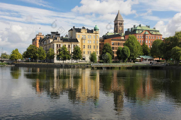 市中心和莫塔拉河。诺尔科平。瑞典