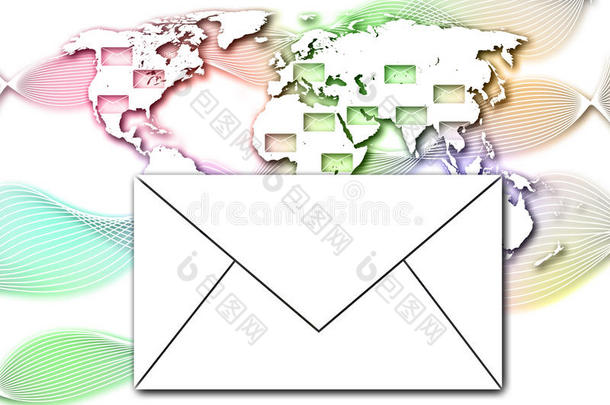 世界地图背景下的抽象邮件通信。