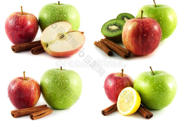 红绿苹果、猕猴桃、柠檬白底
