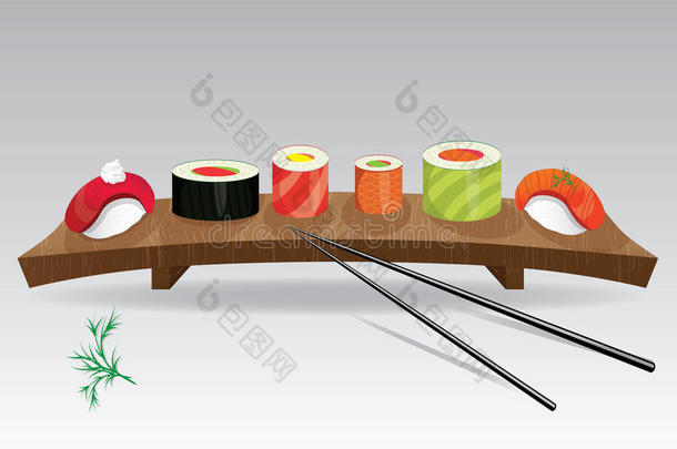 日本料理的寿司细节-配料，鱼，<strong>筷子</strong>和<strong>盘子</strong>。矢量图示