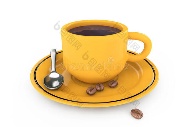 咖啡豆，橙色咖啡盘，咖啡匙和咖啡杯