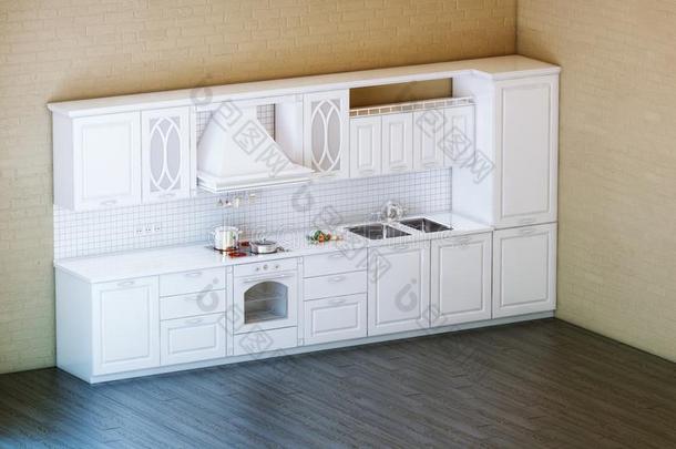 古典白色橱柜，地板镶木地板