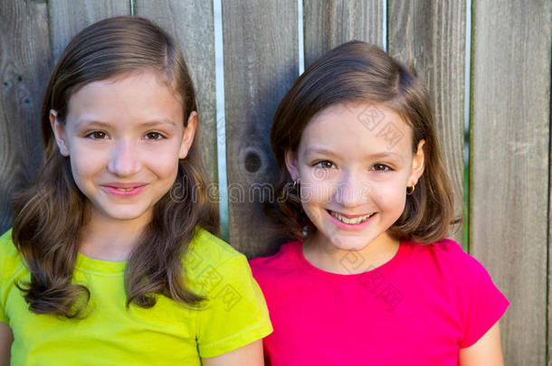 快乐的双胞胎姐妹在后院的篱笆上微笑