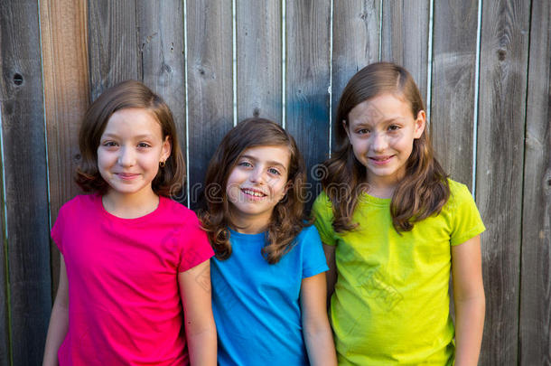 《姐妹和朋友》小女孩们在灰色篱笆上微笑的画像
