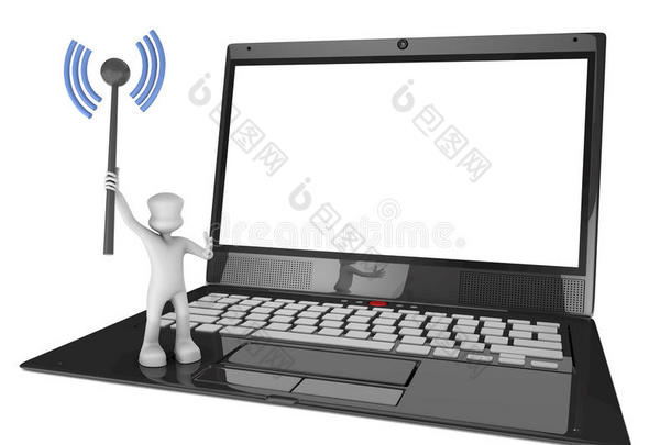 站在空白屏幕上的男子，带着wifi天线和笔记本电脑