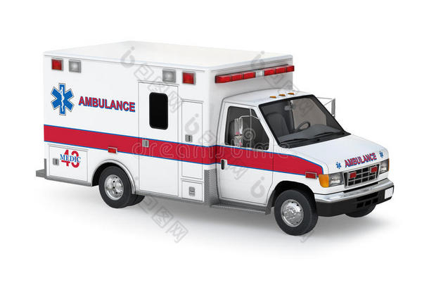 白色背景的救护车。透视顶视图