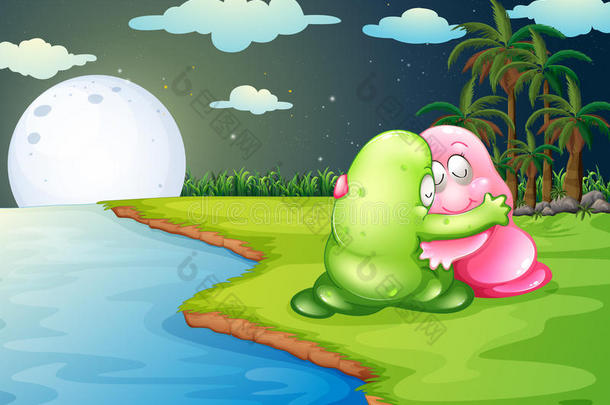 一个绿色的怪物在河边安慰粉红色的怪物