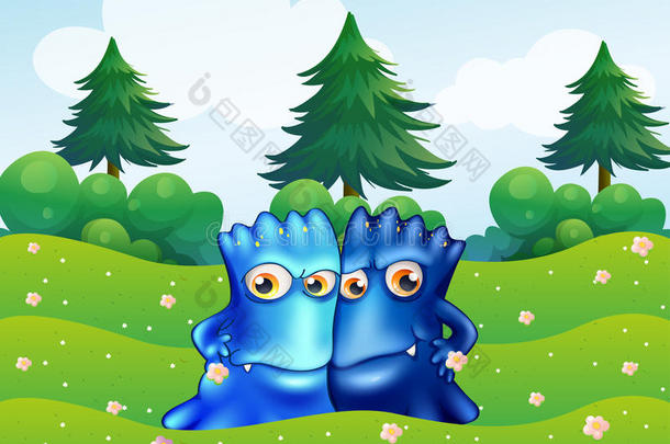 两个蓝色的怪物在山顶和松树