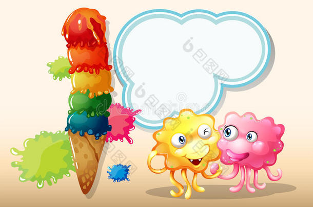巨大的冰淇淋旁边有一个粉红色和橙色的怪物
