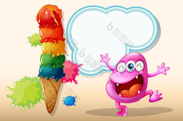 一个快乐的粉色小妖怪靠近巨大的冰淇淋