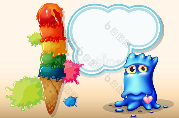 蓝色怪物旁边有一个巨大的冰淇淋，上面有一个空的标注
