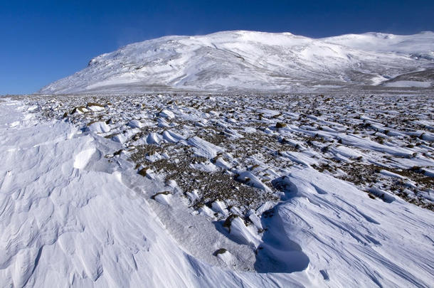 风扫过坦普尔冰川和冰岛霍夫绍库尔的积雪。