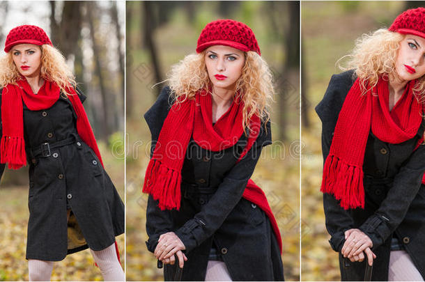 公园里戴着红伞、红帽子、<strong>红领巾的</strong>漂亮时尚少女