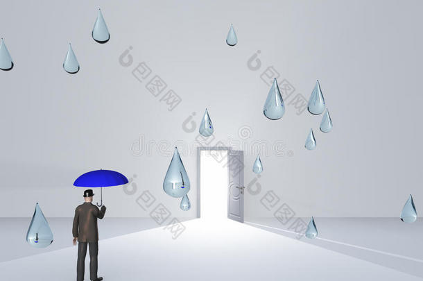 白<strong>屋子</strong>里带着雨伞和水滴的男人