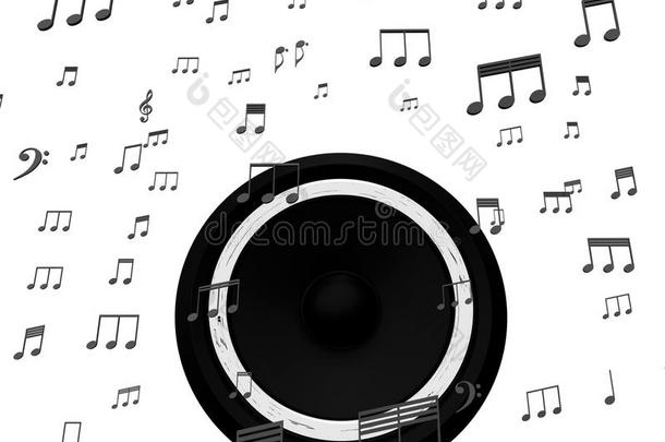 扬声器和音乐笔记显示了迪斯科或音乐会的原声带