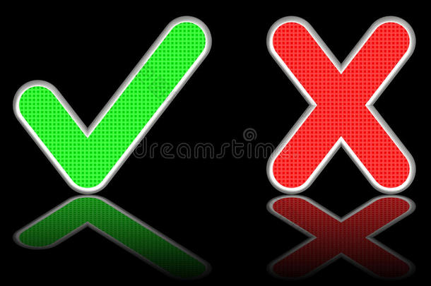 亮黑色背景上的绿色复选标记和<strong>红十字</strong>