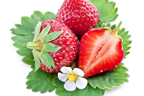 一种富含<strong>草莓</strong>的<strong>水果</strong>，被隔离在<strong>白</strong>色的果皮上。
