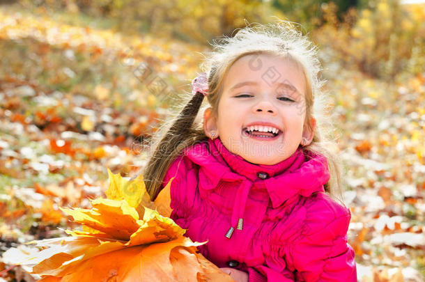 秋天的枫叶小女孩可爱的笑脸画像
