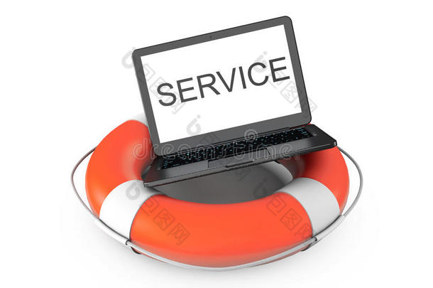 电子服务概念。带救生圈和服务标志的现代笔记本电脑