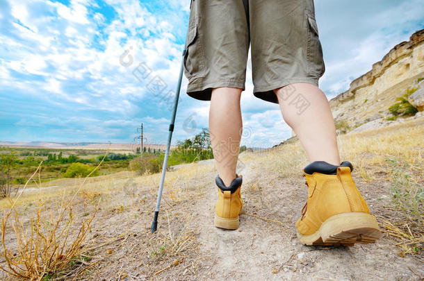 一个成年男子正在用登山杖徒步旅行