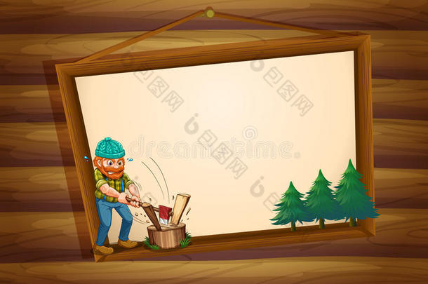 一块悬挂着的木制招牌，上面有一个伐木工人正在砍树