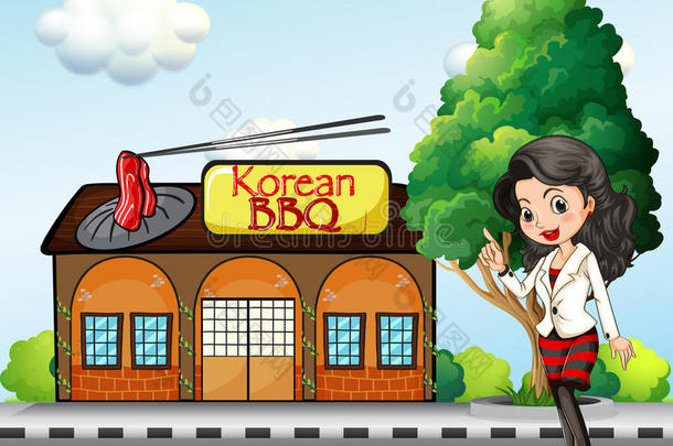韩国烧烤店前的一个女孩
