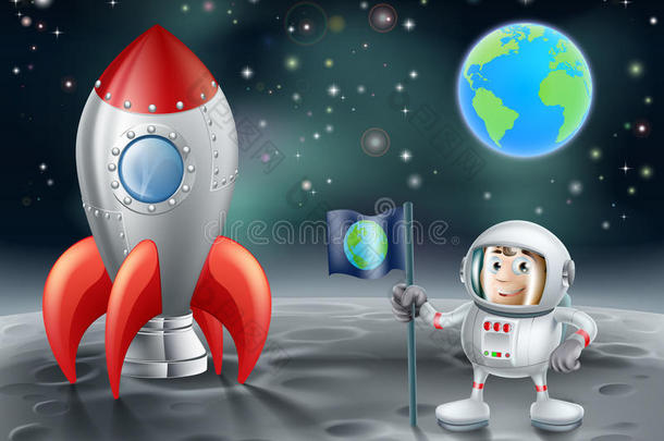 卡通宇航员与老式月球火箭
