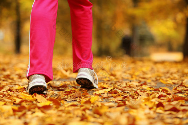 <strong>跑腿</strong>跑鞋。秋天公园里的女子慢跑