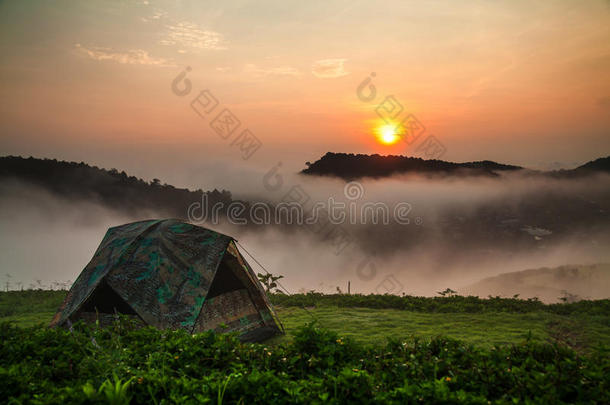 阳光下的露营帐篷