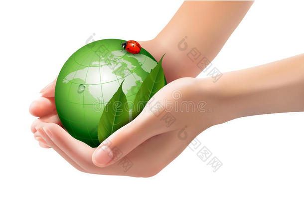 绿色的世界和叶子在女人手里有爱的虫子。
