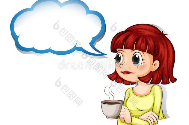 一个女人拿着一个空的云彩模版喝着咖啡