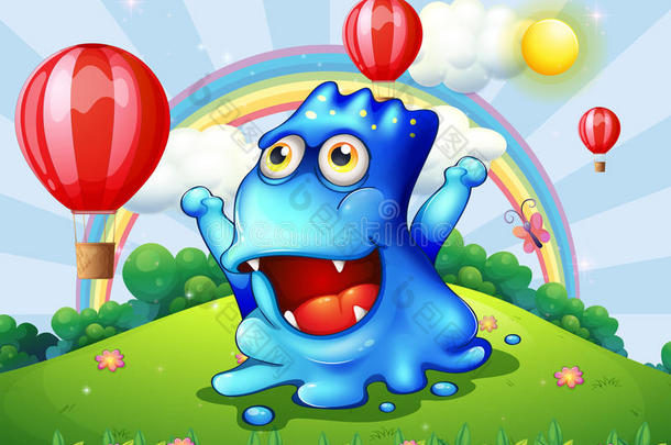 山顶上一个快乐的蓝色怪物，带着<strong>漂浮</strong>的<strong>气球</strong>