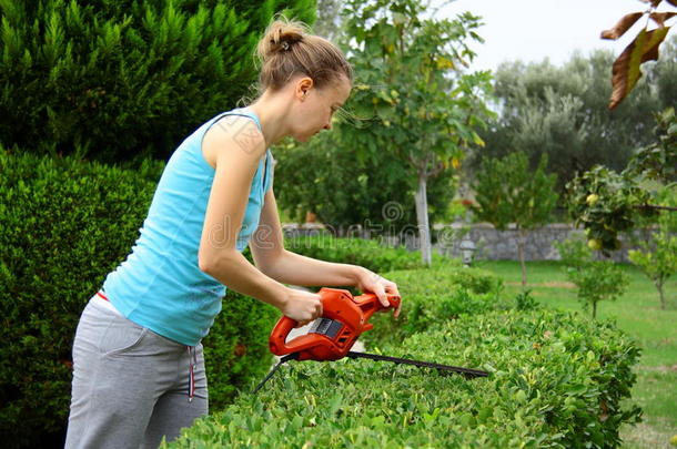 妇女在花园里用工具修剪灌木
