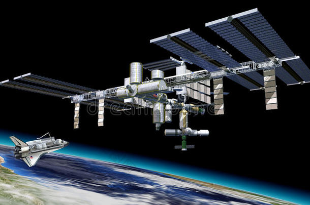 空间站在环绕地球的轨道上，有航天飞机。